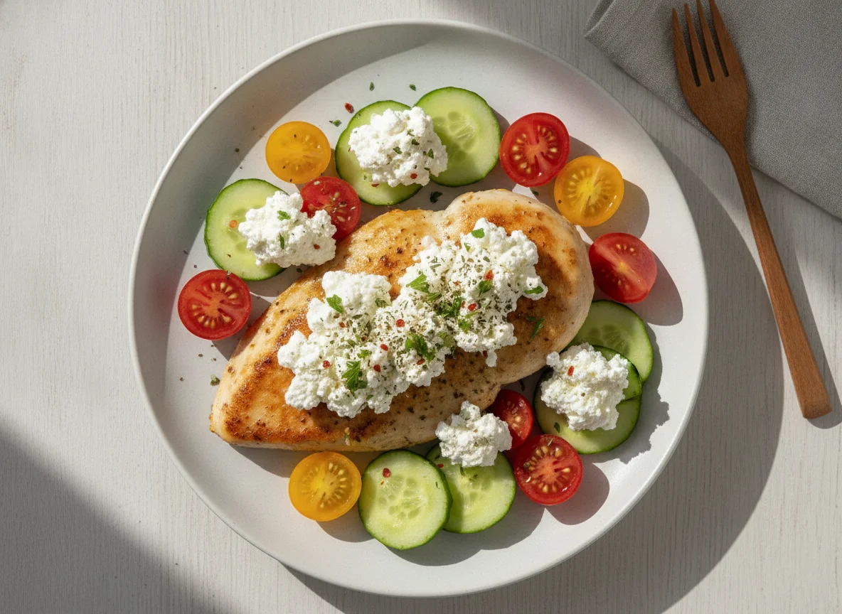 Hähnchenbrust mit Hüttenkäse und Gemüse photo