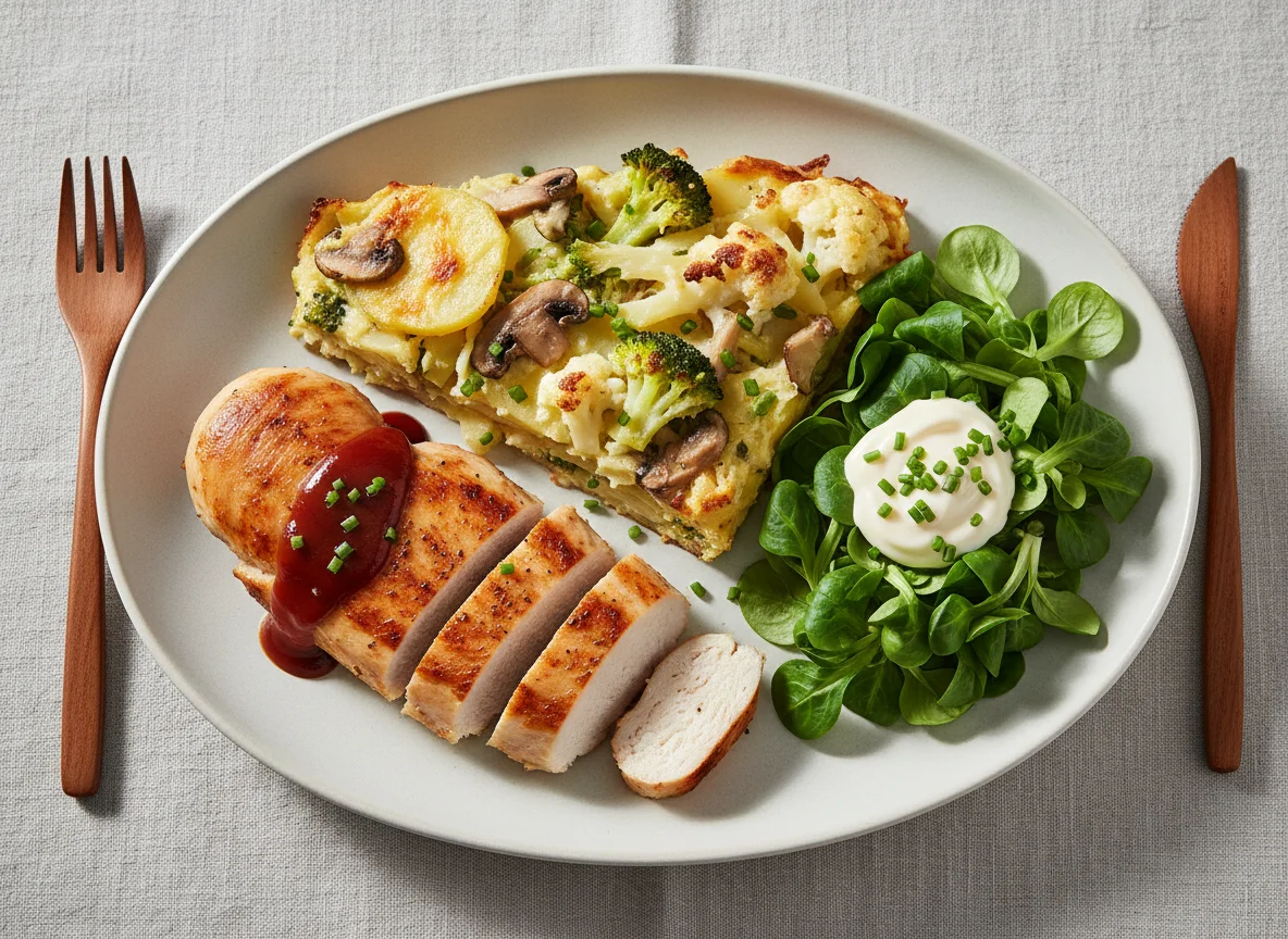 Hähnchenbrust mit Kartoffel-Gemüse-Auflauf und Salat photo