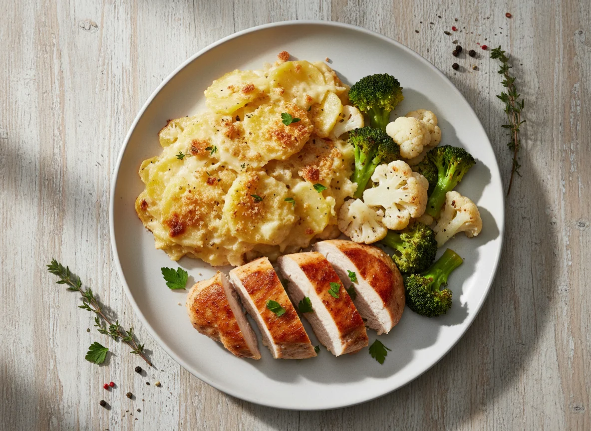 Hähnchenbrust mit Kartoffelgratin und Gemüse photo