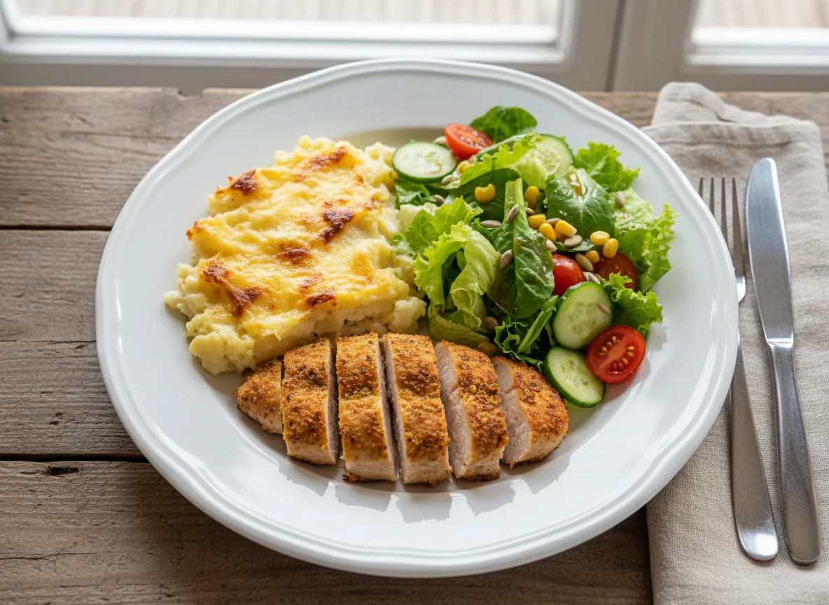 Hähnchenbrust mit Kartoffelgratin und Salat photo