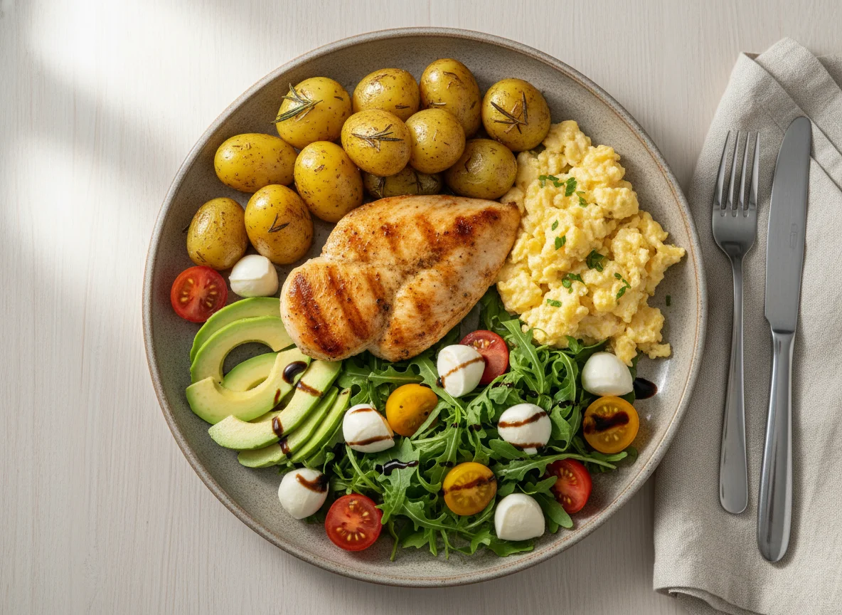 Hähnchenbrust mit Kartoffeln, Avocado und Salat photo