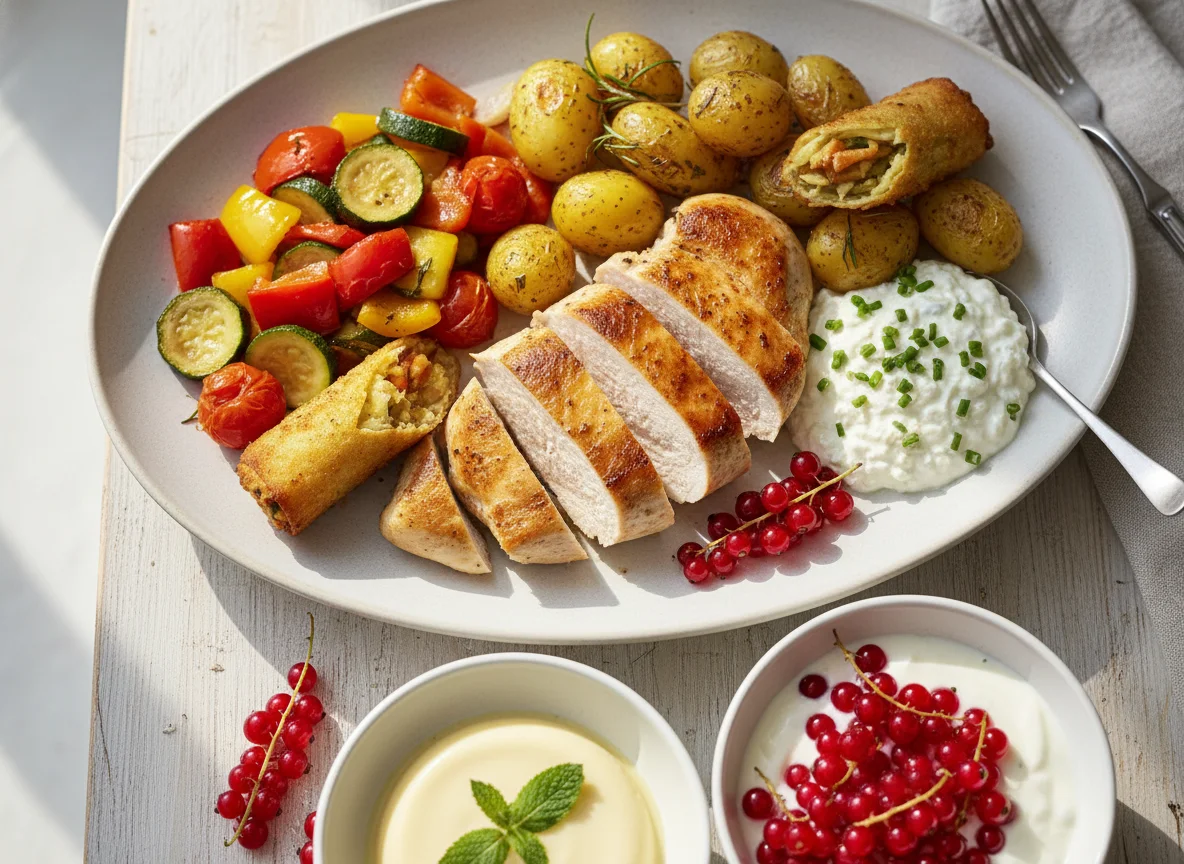 Hähnchenbrust mit Kartoffeln, Gemüse und Beilagen photo