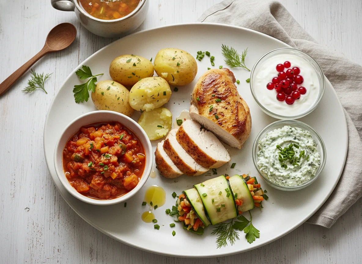 Hähnchenbrust mit Kartoffeln, Gemüse und Suppe photo