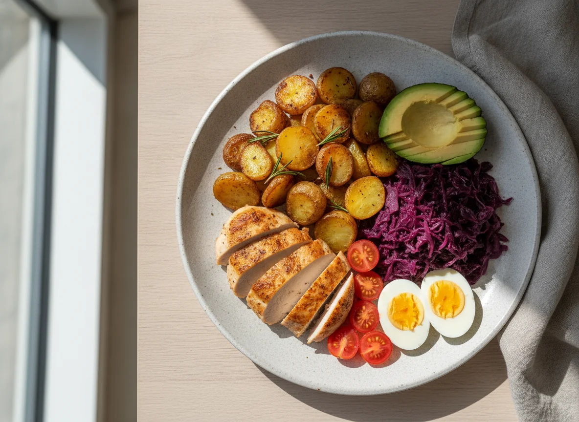 Hähnchenbrust mit Kartoffeln, Rotkohl, Avocado, Tomaten und Eiern photo