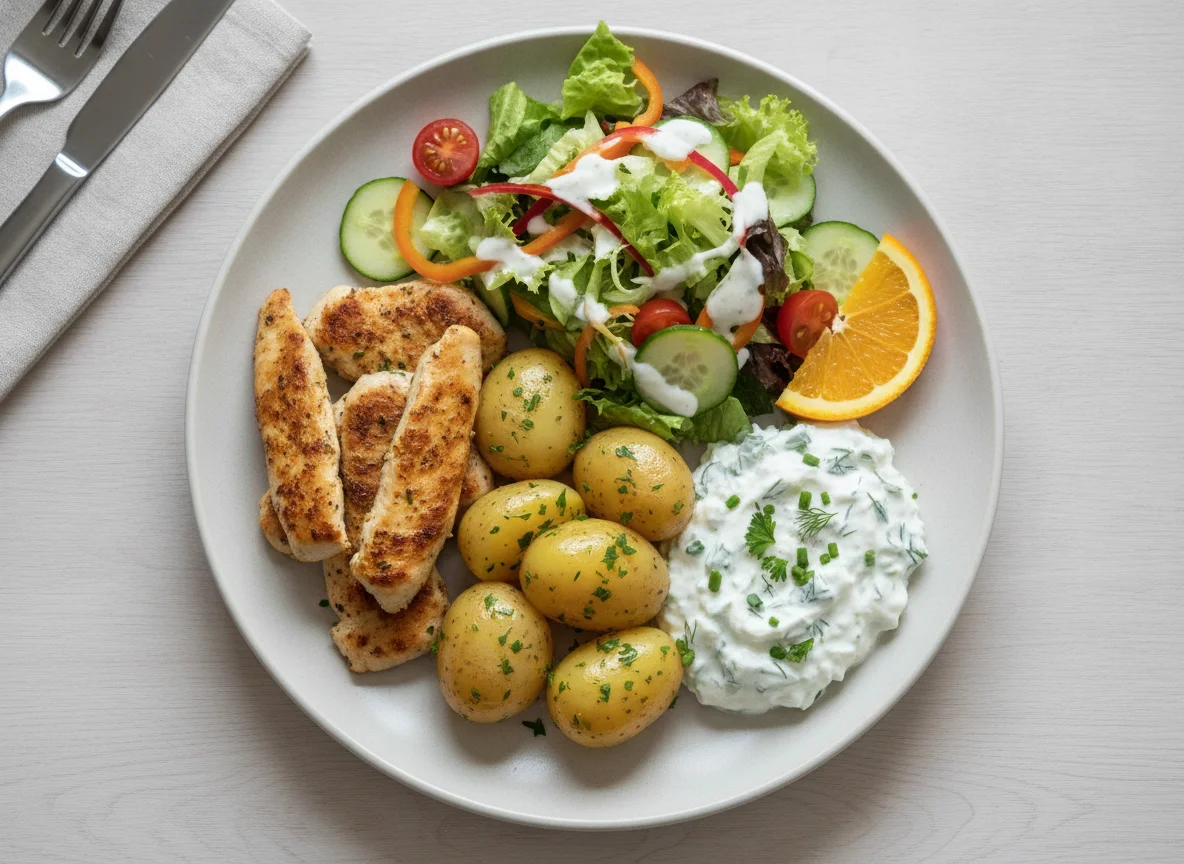 Hähnchenbrust mit Kartoffeln, Salat und Kräuterquark photo