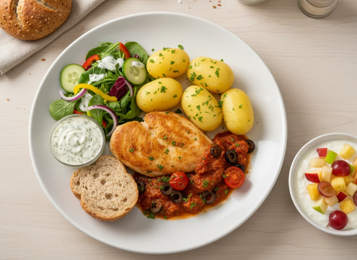 Hähnchenbrust mit Kartoffeln, Sauce, Salat und Joghurt mit Früchten photo