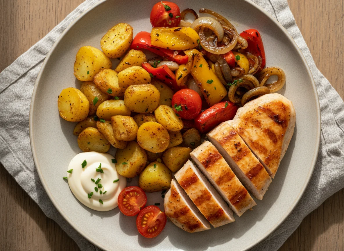 Hähnchenbrust mit Kartoffeln und Gemüse photo