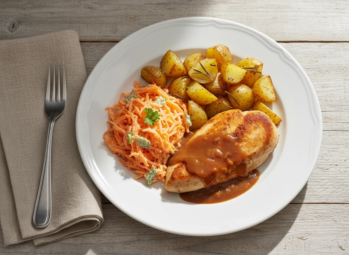 Hähnchenbrust mit Kartoffeln und Karottensalat photo