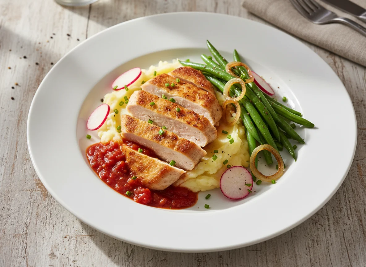 Hähnchenbrust mit Kartoffelpüree, grünen Bohnen und Radieschen photo