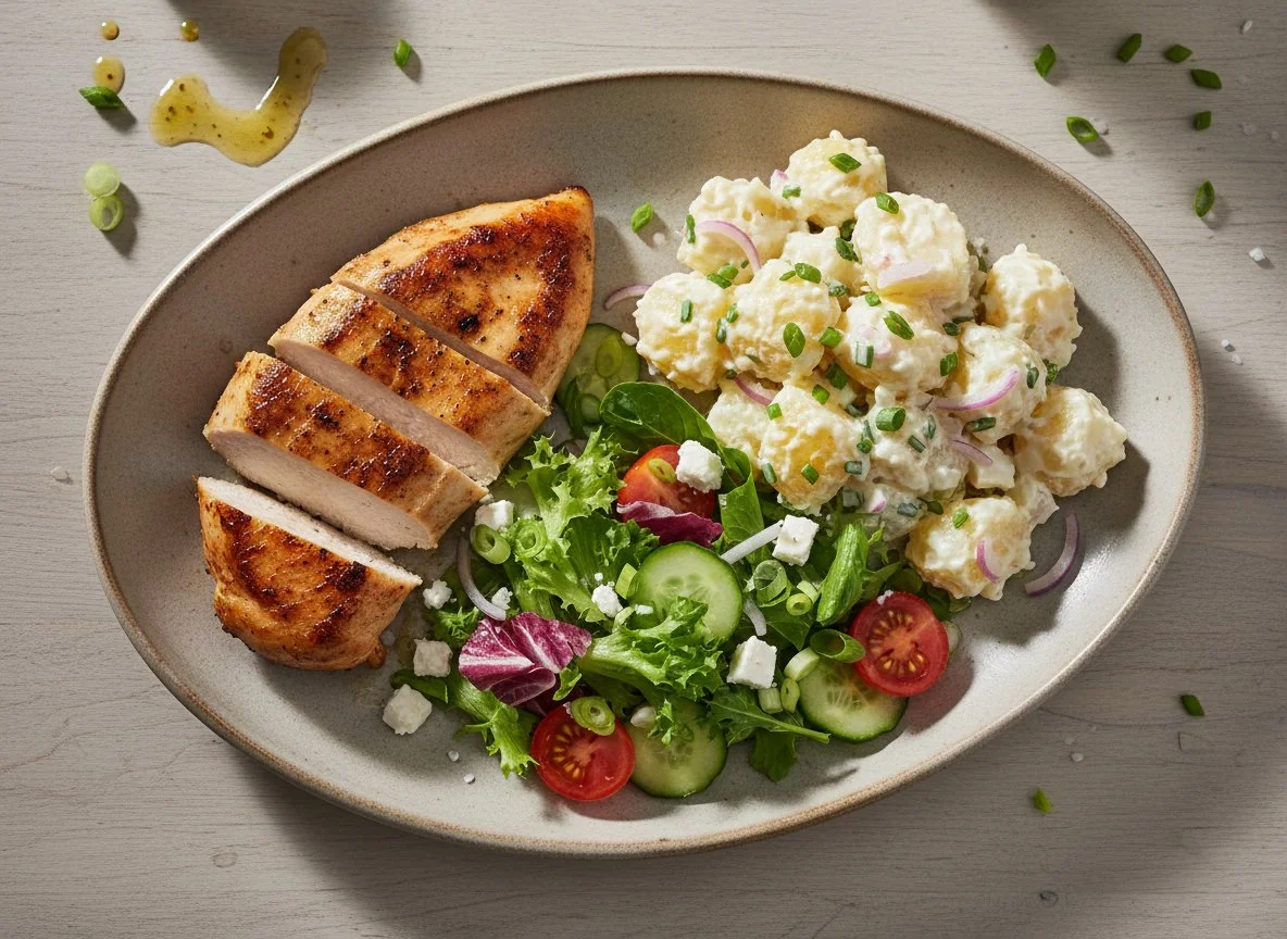 Hähnchenbrust mit Kartoffelsalat und gemischtem Salat photo