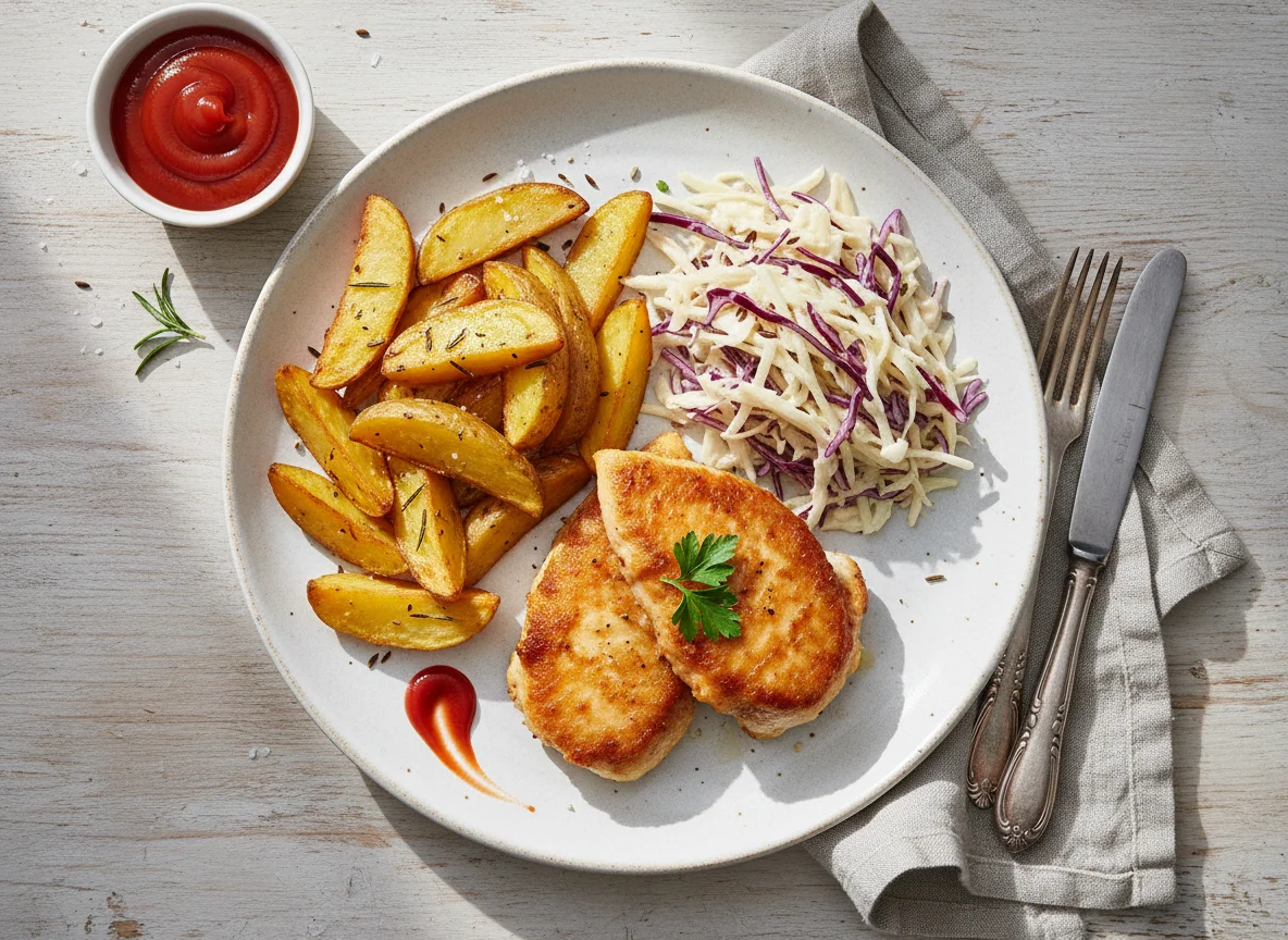 Hähnchenbrust mit Kartoffelspalten, Krautsalat und Ketchup photo
