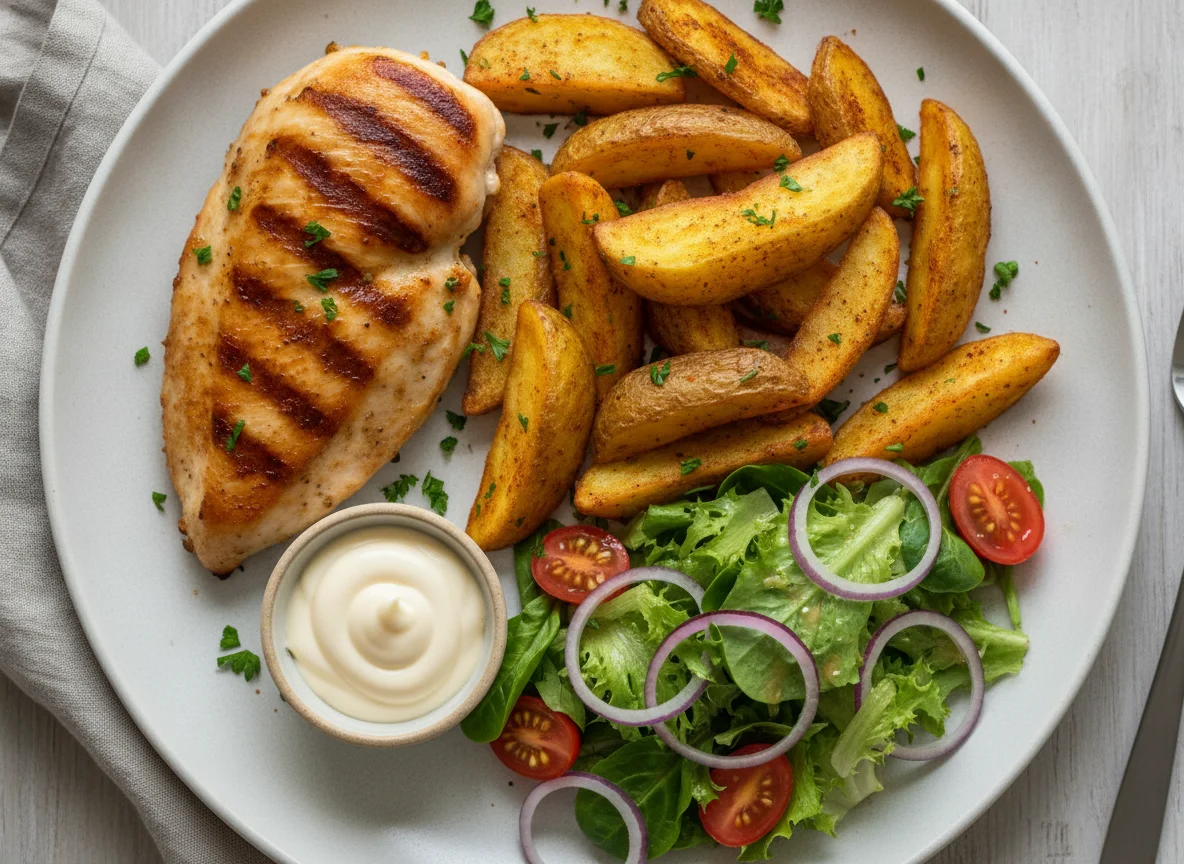 Hähnchenbrust mit Kartoffelspalten und Beilagensalat photo