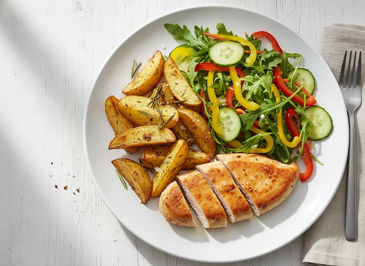 Hähnchenbrust mit Kartoffelspalten und gemischtem Salat photo