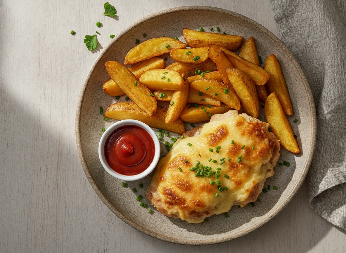 Hähnchenbrust mit Kartoffelspalten und Ketchup photo