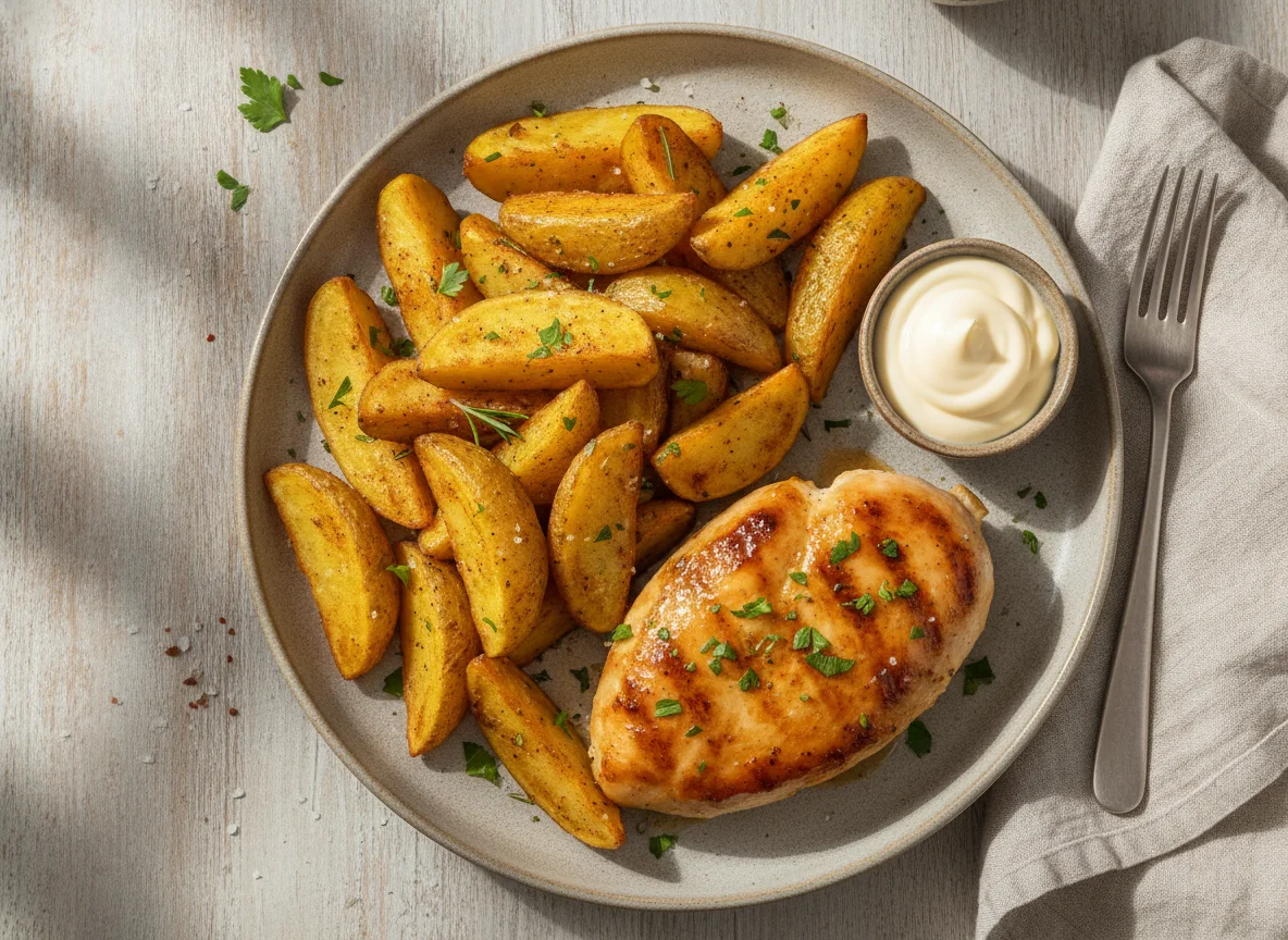 Hähnchenbrust mit Kartoffelspalten und Mayonnaise photo