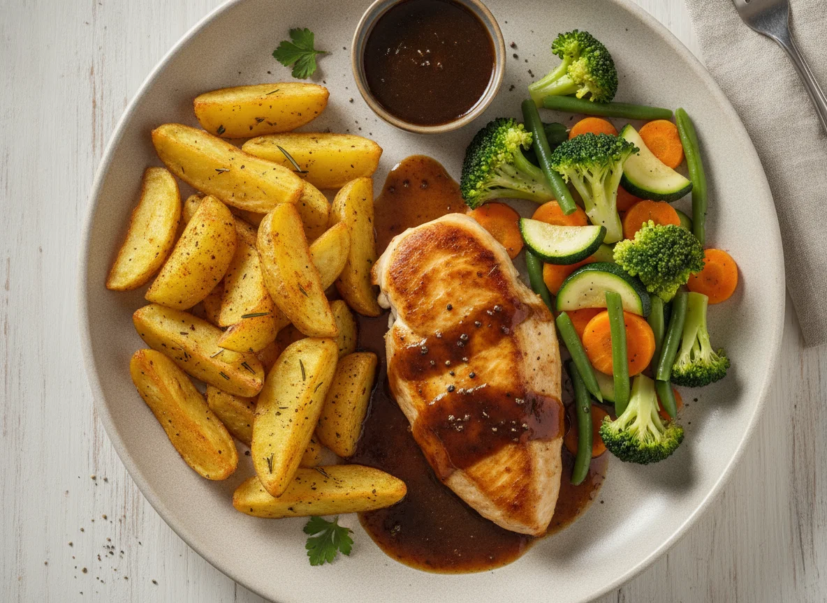 Hähnchenbrust mit Kartoffelspalten und Mischgemüse photo