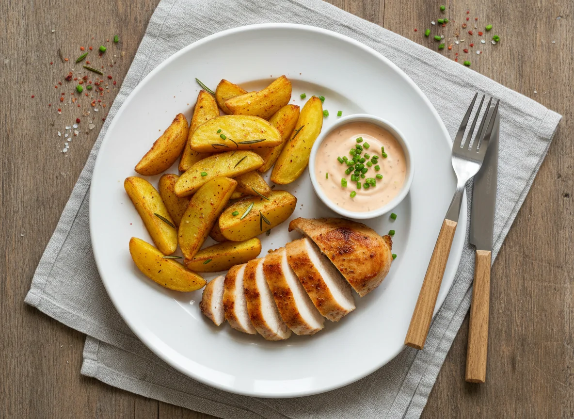 Hähnchenbrust mit Kartoffelspalten und Sauce photo