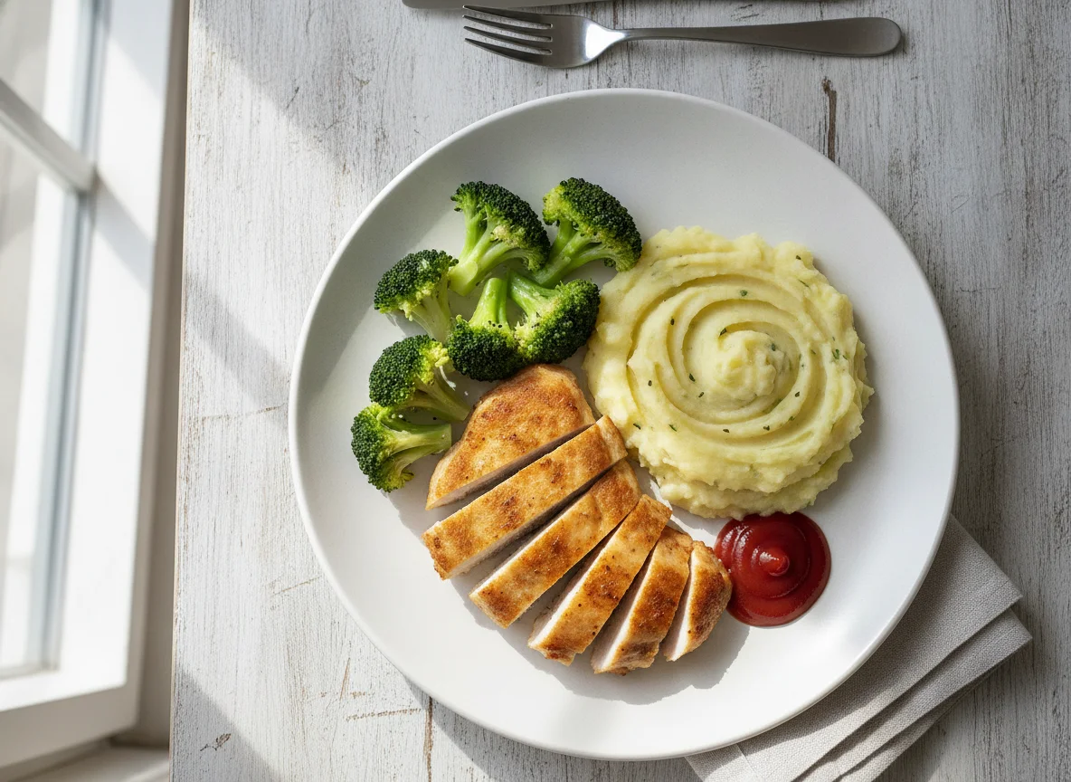 Hähnchenbrust mit Kartoffelstampf und Brokkoli photo