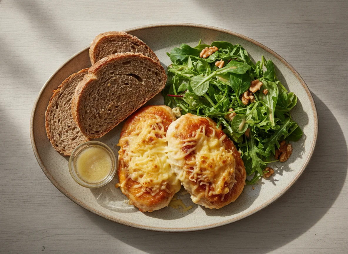 Hähnchenbrust mit Käse, Salat und Brot photo