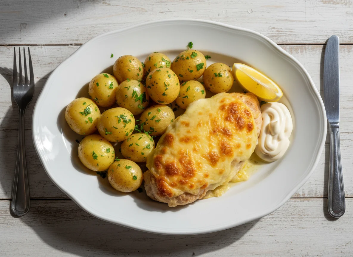 Hähnchenbrust mit Käse überbacken, Petersilkartoffeln und Sauce photo