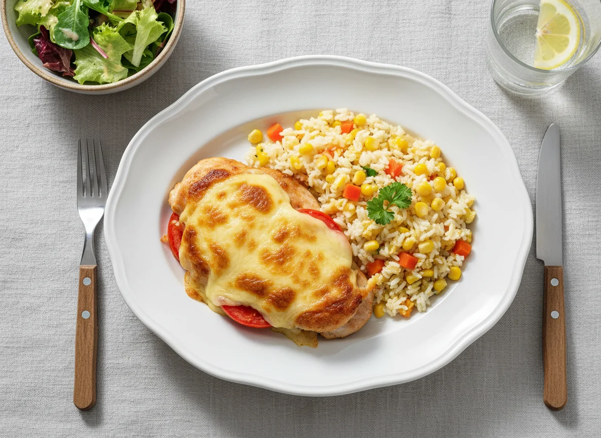 Hähnchenbrust mit Käse überbacken und Reis mit Gemüse photo