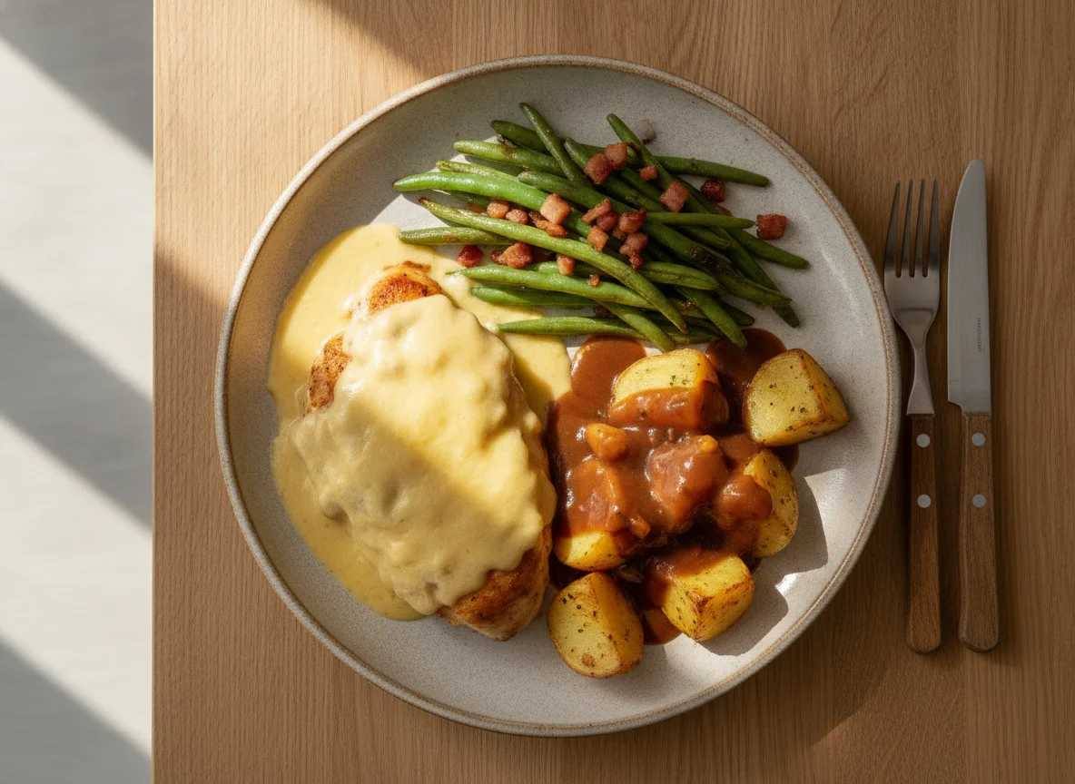 Hähnchenbrust mit Käsesauce, grünen Bohnen und Kartoffeln photo