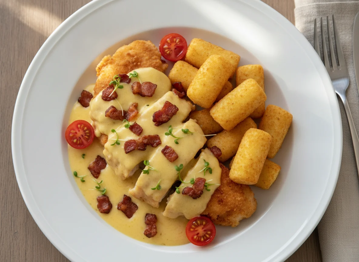 Hähnchenbrust mit Käsesauce und Kroketten photo