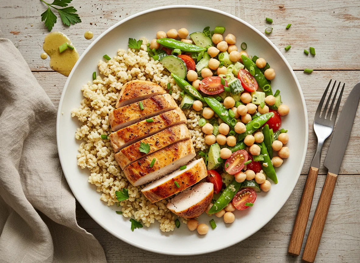 Hähnchenbrust mit Kichererbsensalat und Blumenkohlreis photo