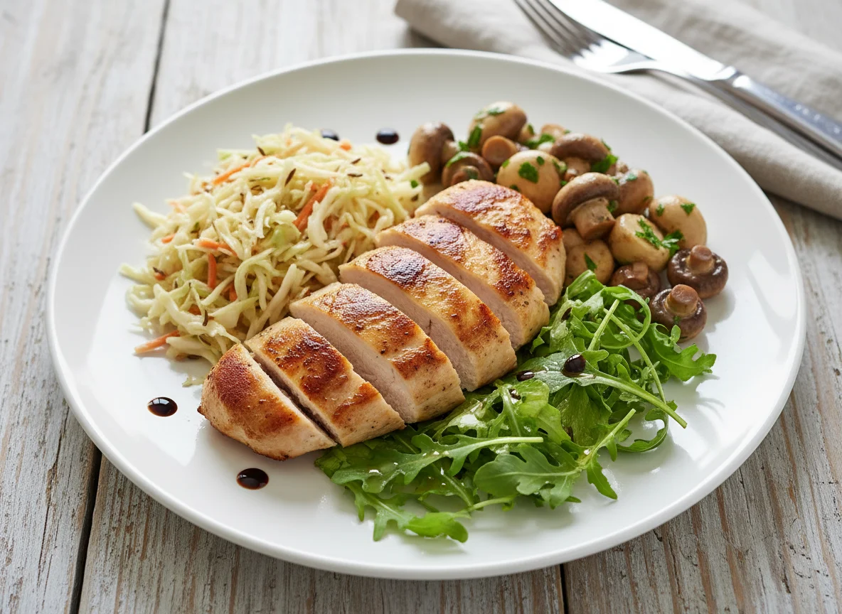 Hähnchenbrust mit Krautsalat, Pilzen und Salat photo