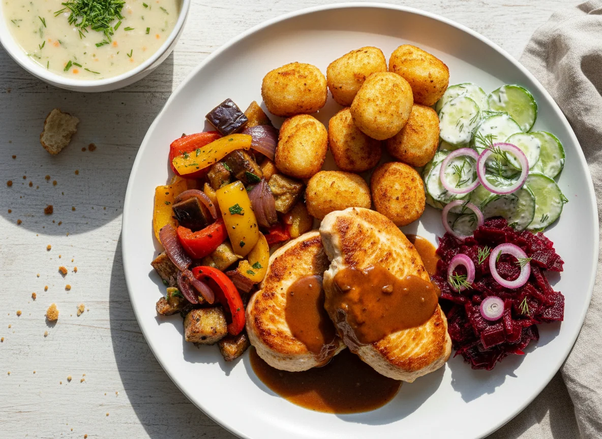 Hähnchenbrust mit Kroketten, Gemüse und Beilagen photo