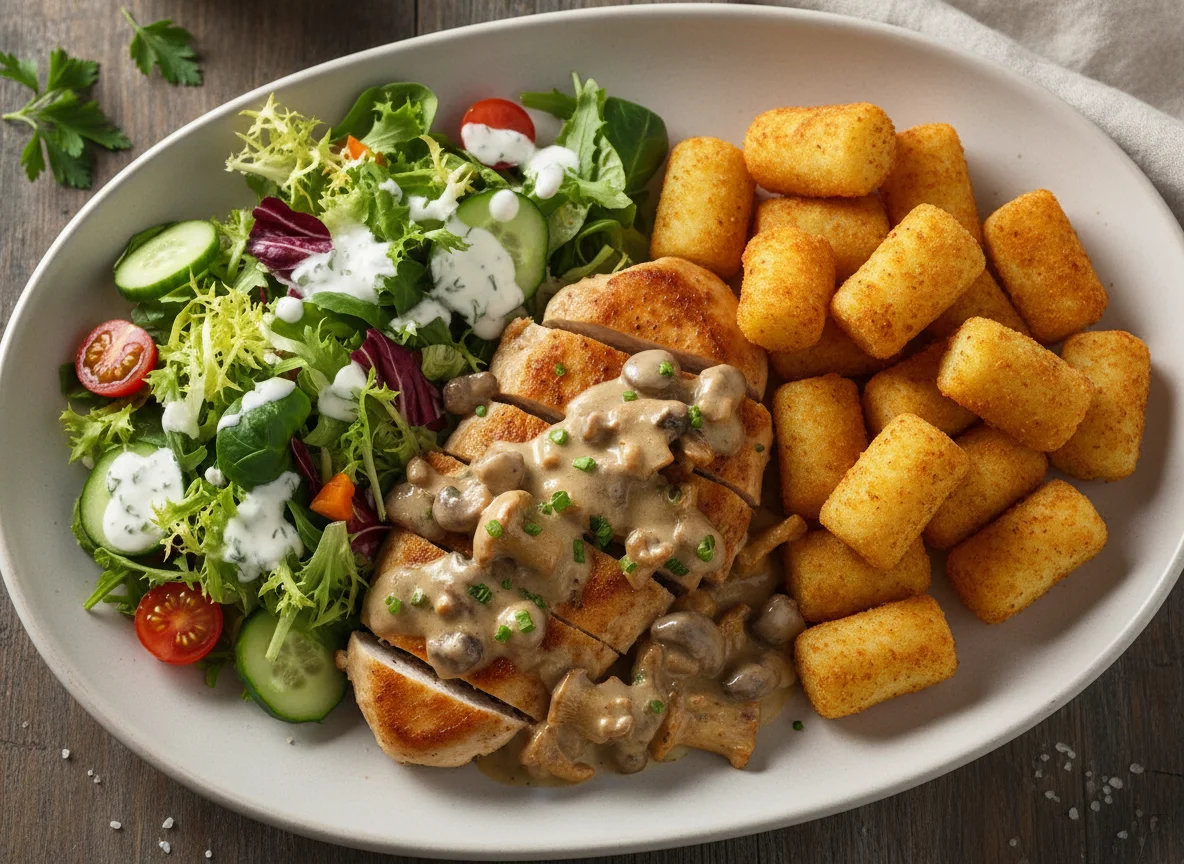 Hähnchenbrust mit Kroketten, Pilzrahmsoße und Salat photo