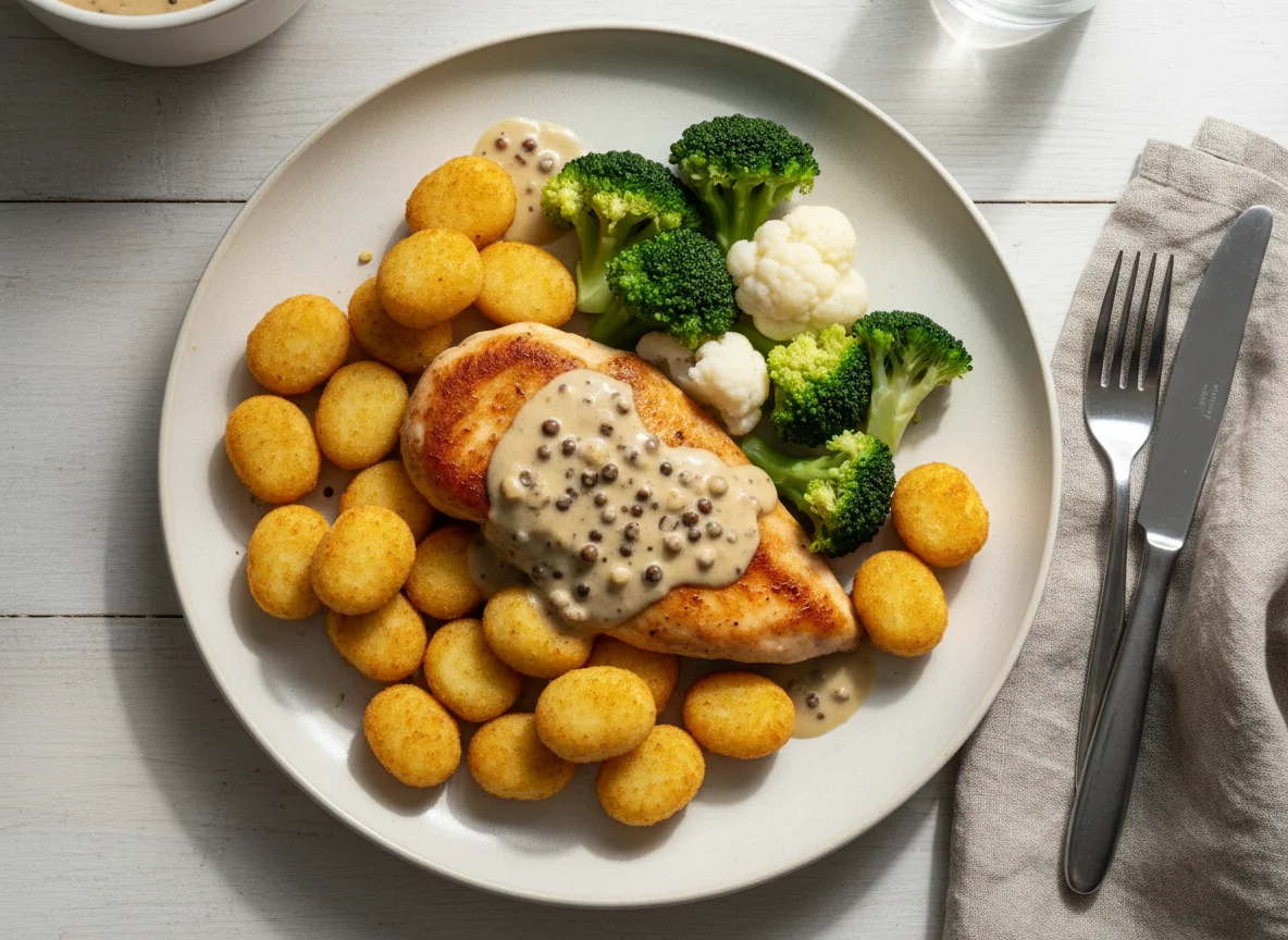 Hähnchenbrust mit Kroketten und Gemüse photo