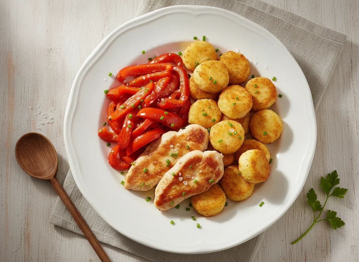 Hähnchenbrust mit Kroketten und Paprika photo