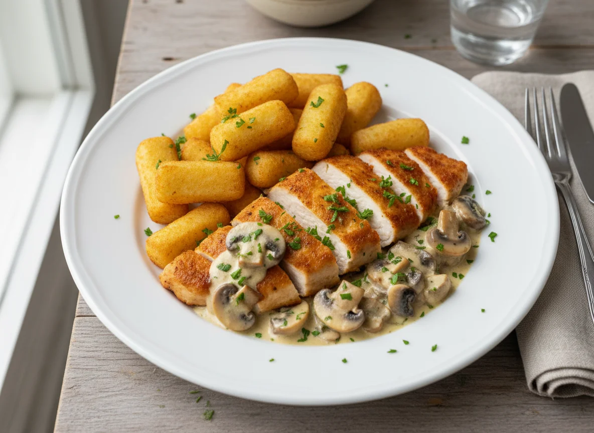Hähnchenbrust mit Kroketten und Pilzrahmsoße photo