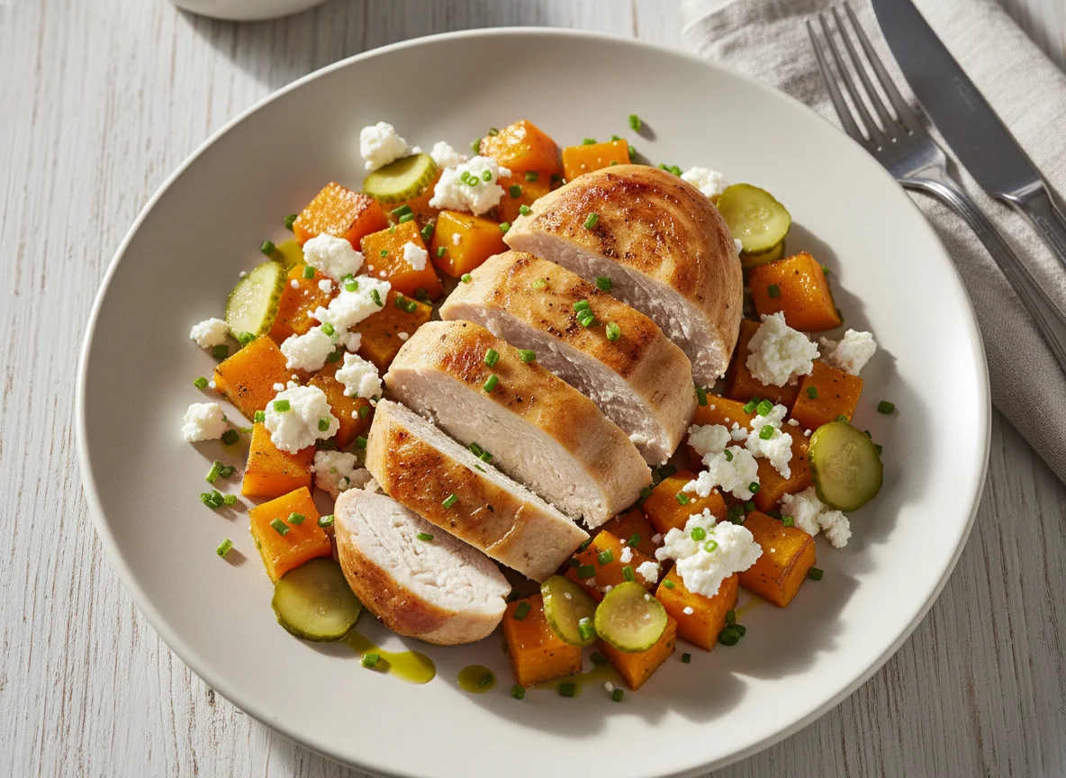 Hähnchenbrust mit Kürbis, Feta und Essiggurken photo