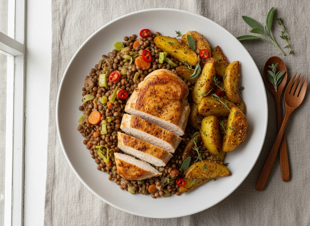 Hähnchenbrust mit Linsen und Ofenkartoffeln photo