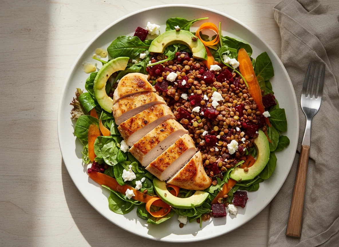 Hähnchenbrust mit Linsen-Rote-Bete-Salat und Feta photo