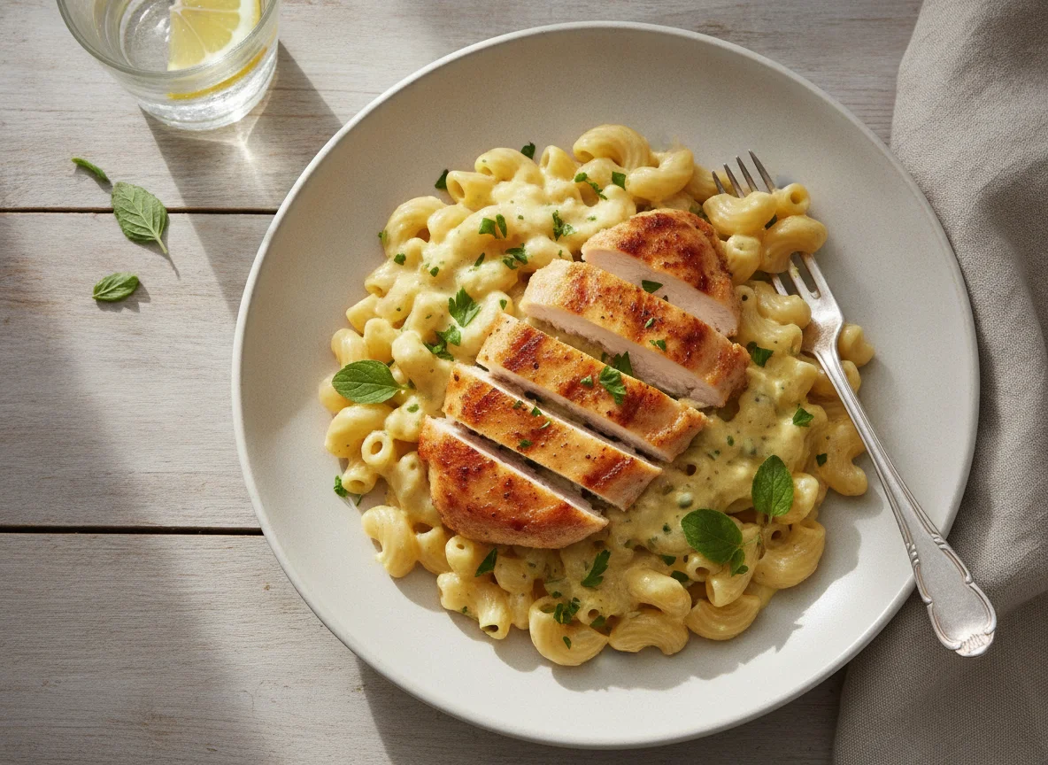 Hähnchenbrust mit Makkaroni in Sahnesauce photo