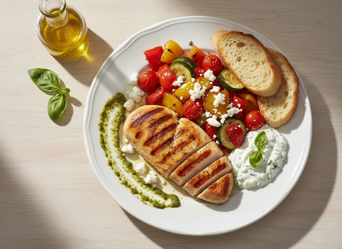 Hähnchenbrust mit mediterranem Gemüse, Feta, Pesto und Tzatziki photo