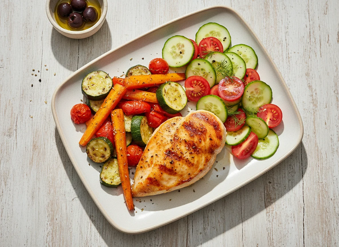 Hähnchenbrust mit mediterranem Gemüse und Gurken-Tomaten-Salat photo
