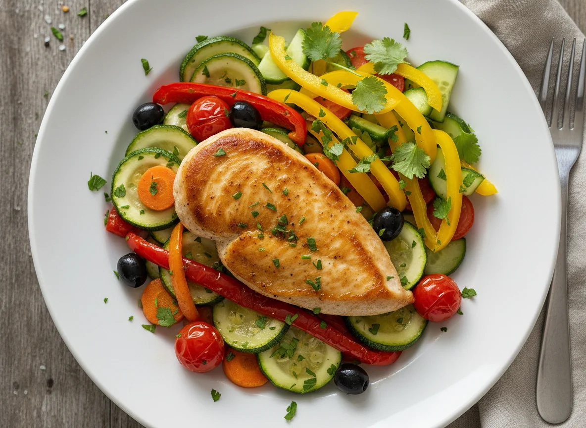 Hähnchenbrust mit mediterranem Gemüse und Paprika-Gurken-Salat photo