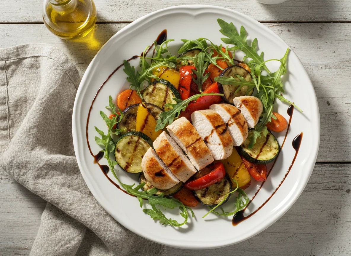 Hähnchenbrust mit mediterranem Gemüse und Rucola photo