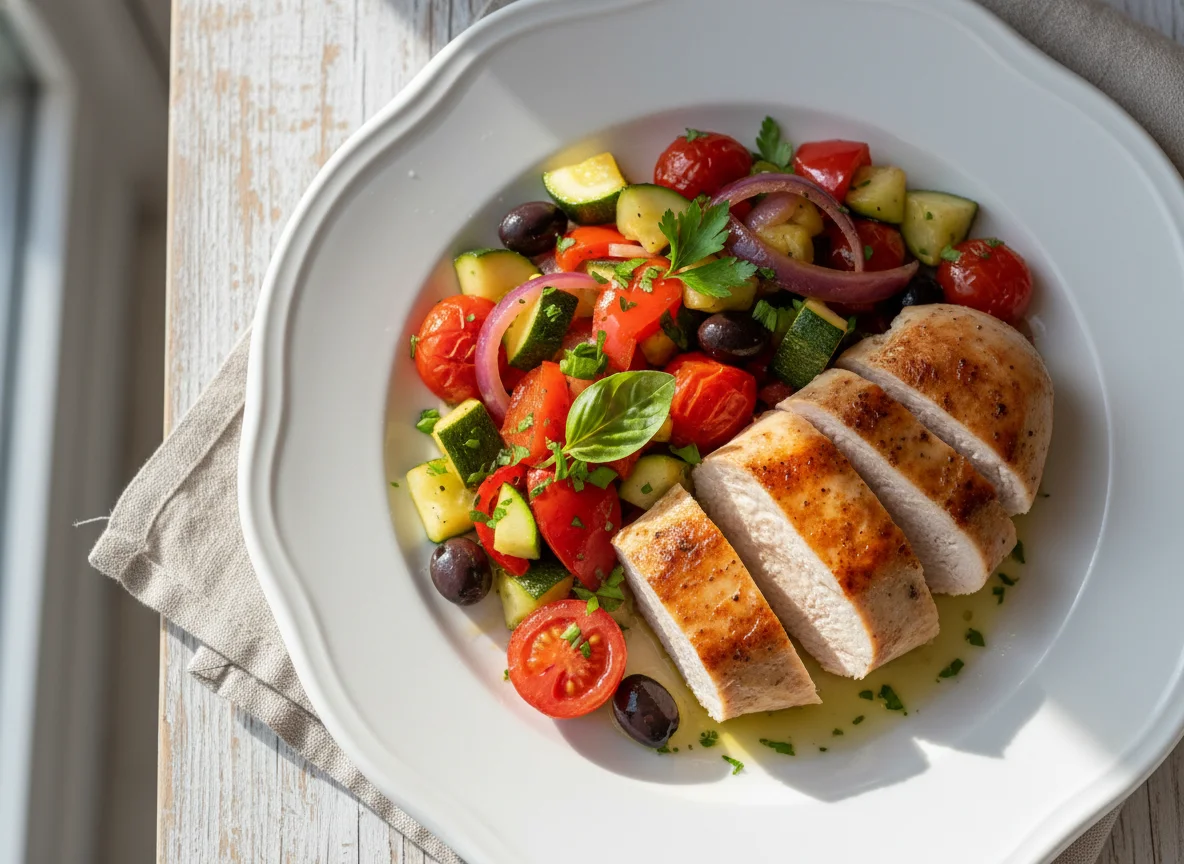 Hähnchenbrust mit mediterranem Pfannengemüse photo