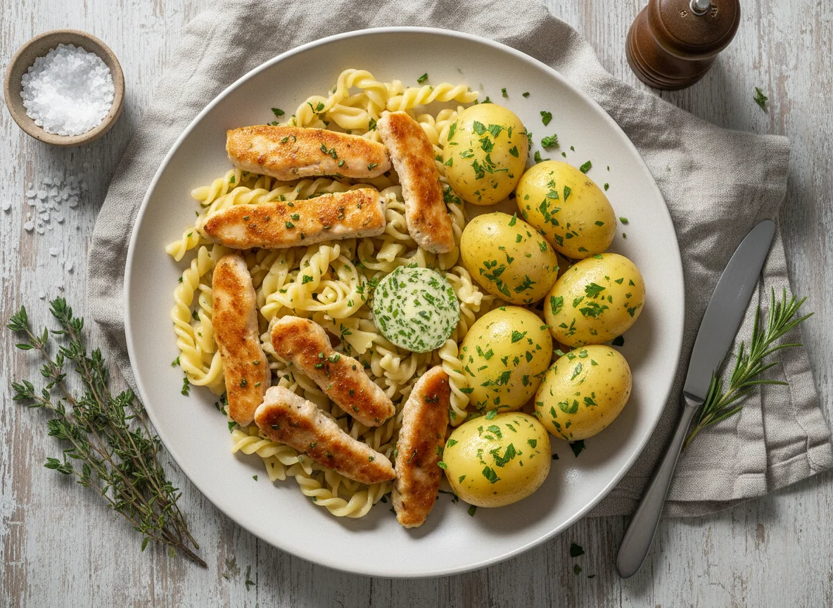 Hähnchenbrust mit Nudeln, Kartoffel und Kräuterbutter photo