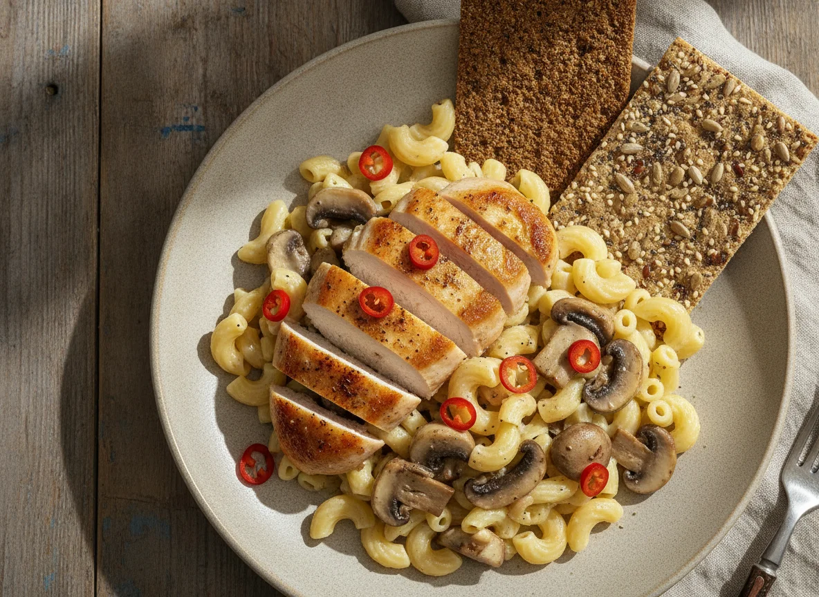 Hähnchenbrust mit Nudeln, Pilzen und Knäckebrot photo
