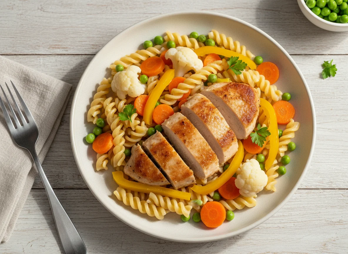 Hähnchenbrust mit Nudeln und Gemüse photo