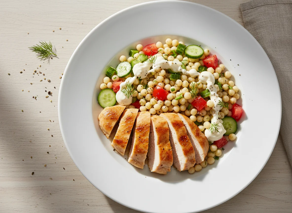 Hähnchenbrust mit Nudeln und Salat photo
