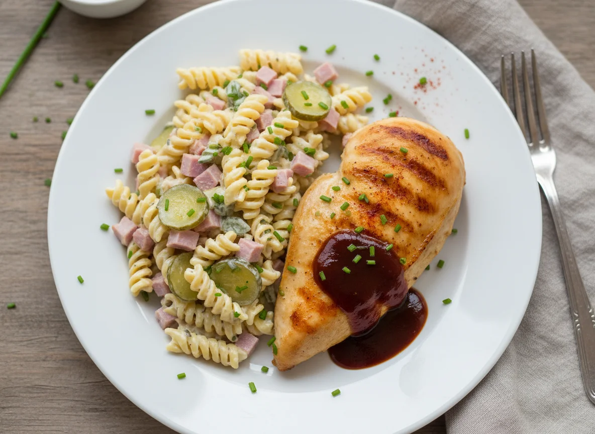 Hähnchenbrust mit Nudelsalat und BBQ-Sauce photo
