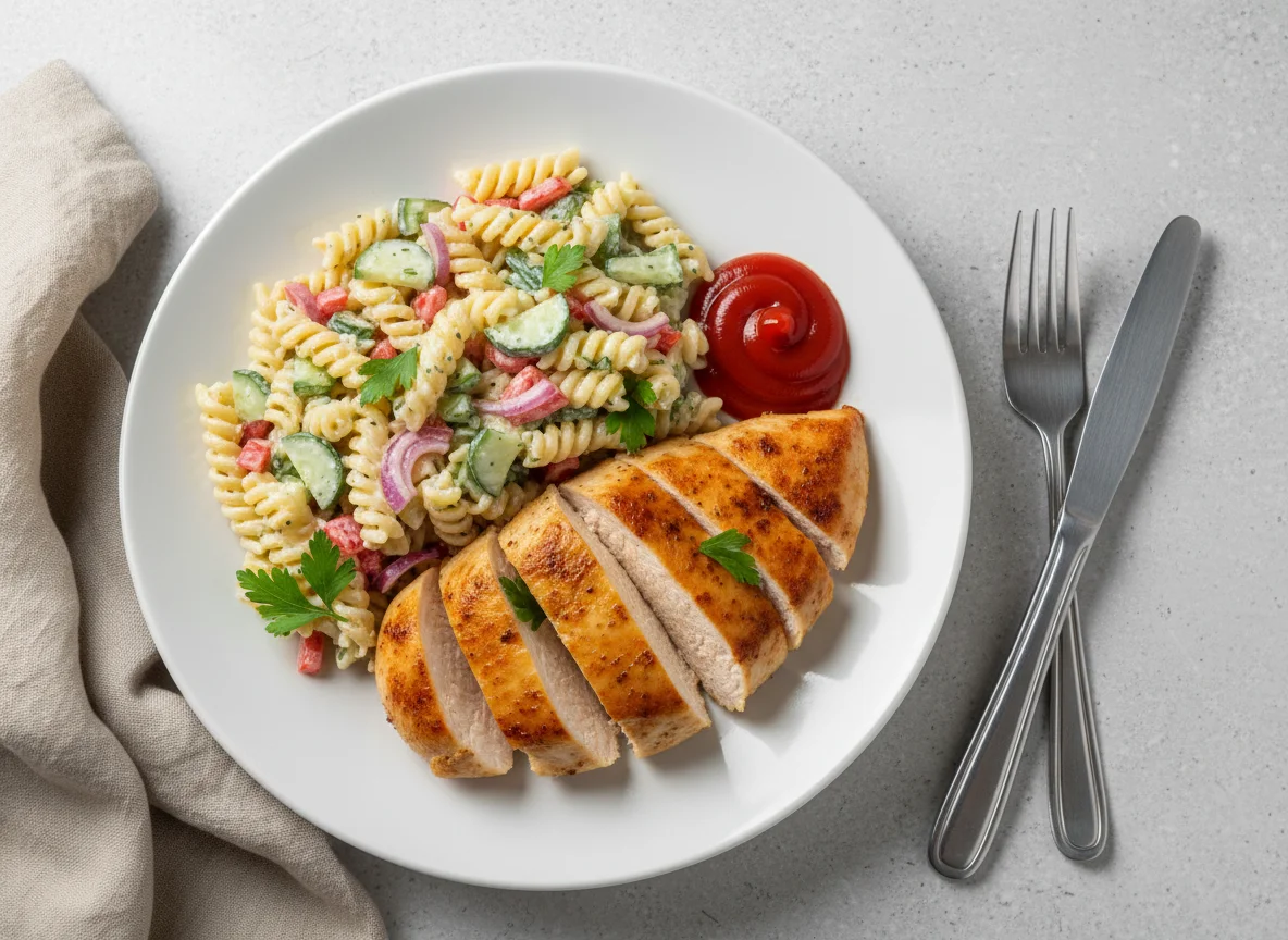 Hähnchenbrust mit Nudelsalat und Sauce photo