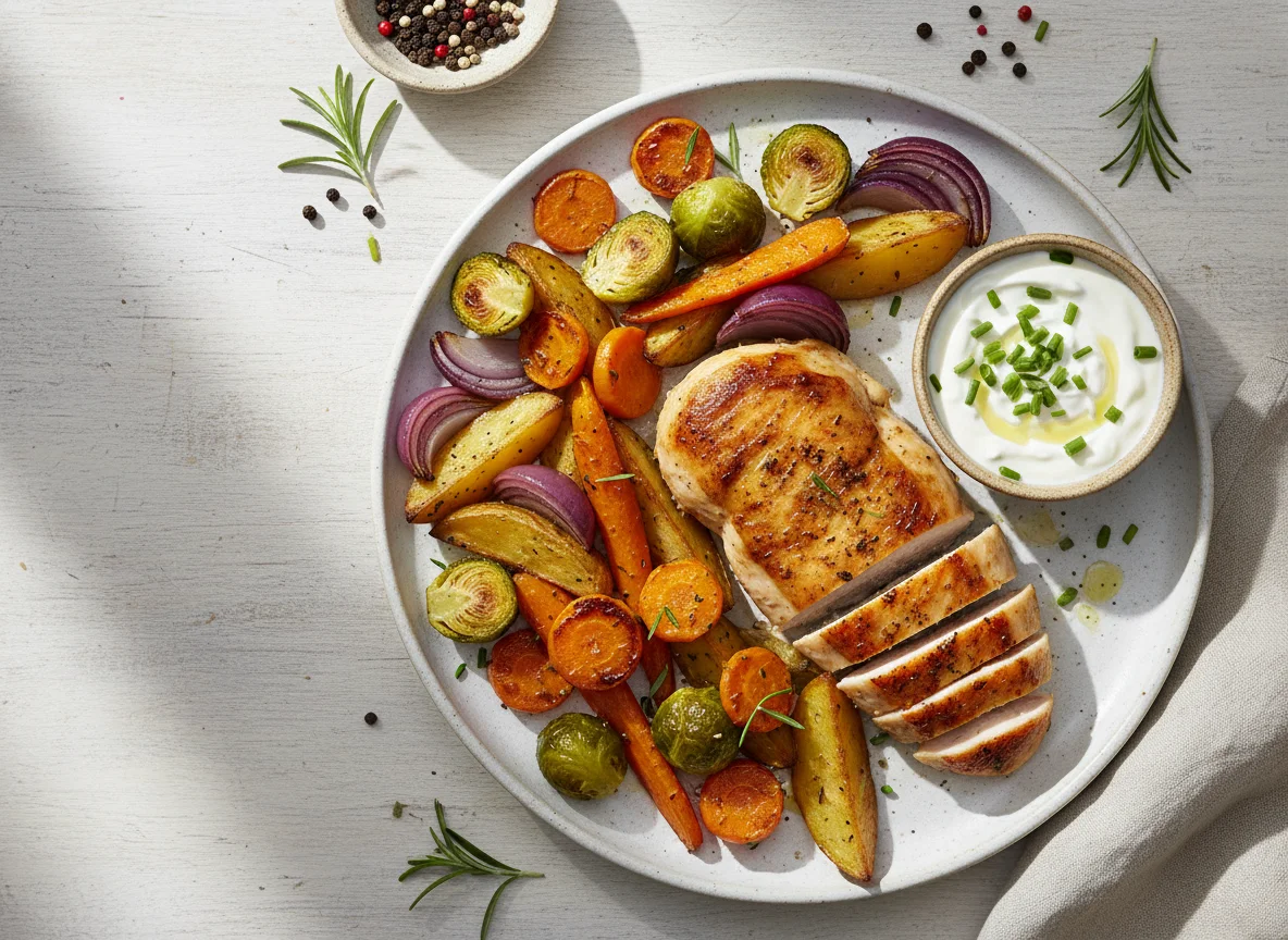 Hähnchenbrust mit Ofengemüse und Dip photo